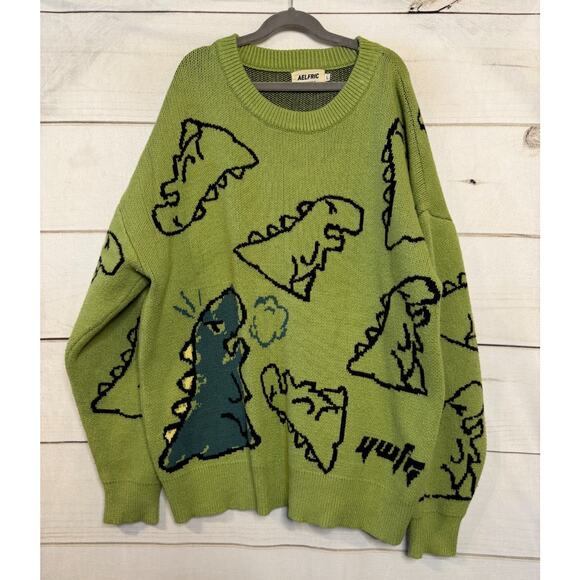 Aelfric Eden sweater womens large dinosaur knit t-rex green AOP cartoon - Picture 1 of 4